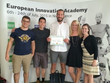 (From right to left) ASU students Elizabeth Oviedo and Megan Kirk with team mates Christian Østergaard Laursen, Michael Ha and Clemens Ehrenreich.