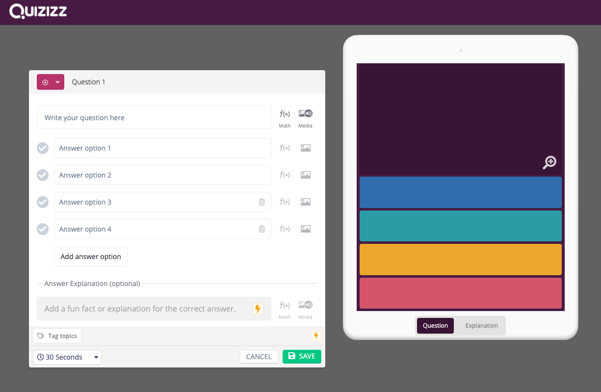 Screenshot of creating a question in Quizizz