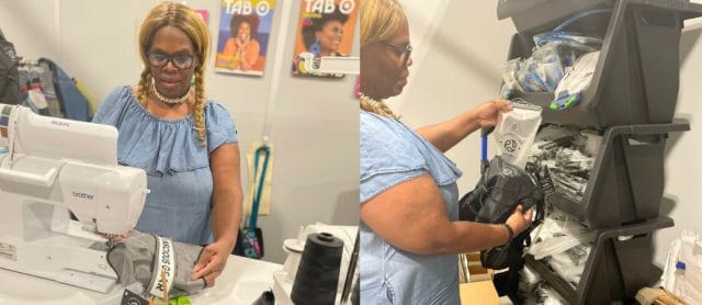 Person using a sewing machine and taking a bag off of a black shelf