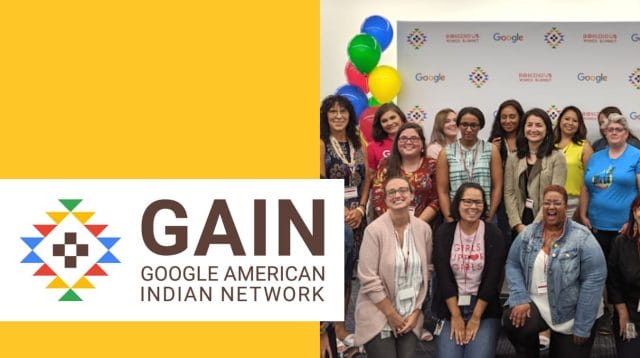 A group of people smiling in front of colorful balloons with a graphic overlay with the text ‘GAIN Google American Indian Network.’