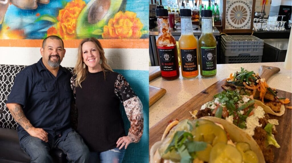 Two people sitting and smiling in front of a colorful mural and another photo of 3 tacos with a variety of toppings and three hot sauce bottles in the background
