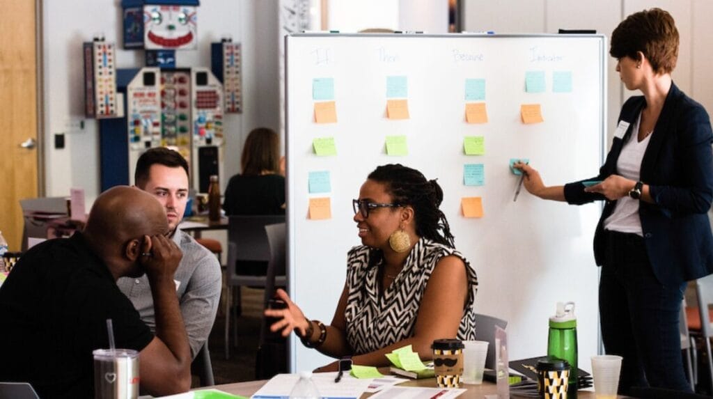 Four people collaborating and using sticky notes to brainstorm ideas