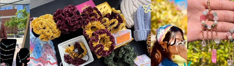 Photos of a variety of handmade beaded jewelry and knitted accessories by ASU Student Made entrepreneurs