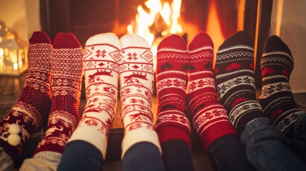 Four pairs of feet wearing holiday themed socks in front of a fireplace