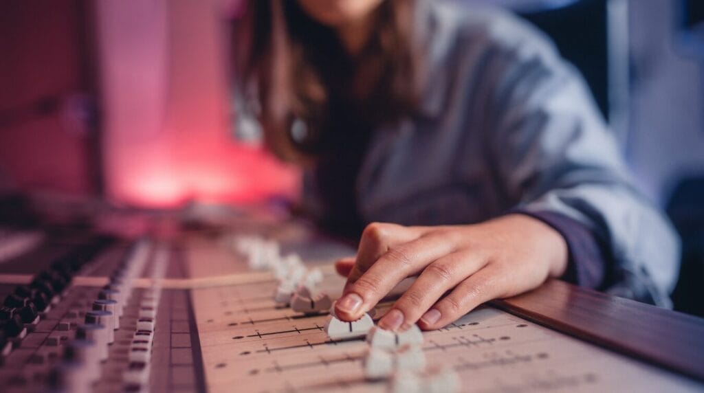 A person using a music mixer with a colorful light in the background