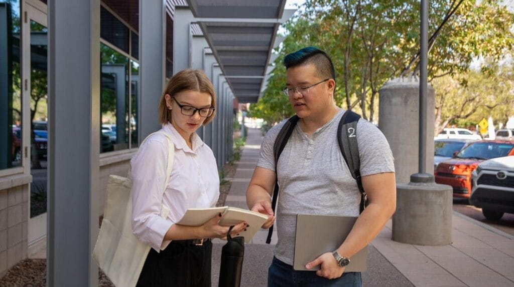 Two people looking at a notebook while standing on a sidewalk.