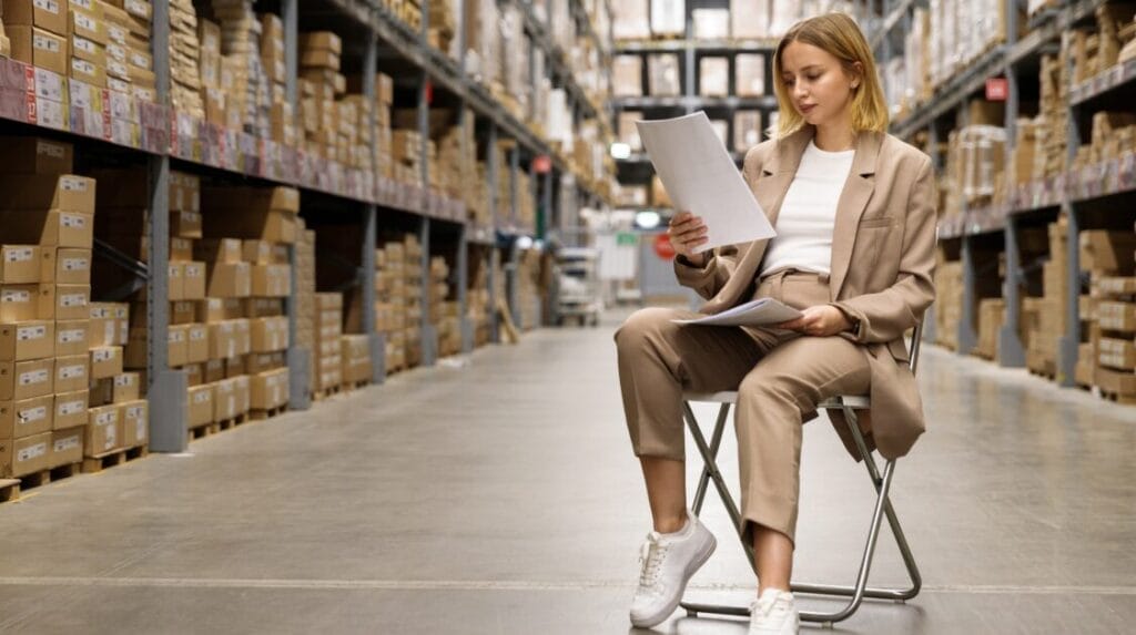 Business owner wearing a suit, checking paperwork and sitting in a warehouse with stacks of boxes in the background.