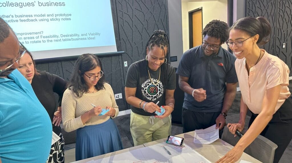 Six people standing around a table with a brain storming session written out on a large paper on the table