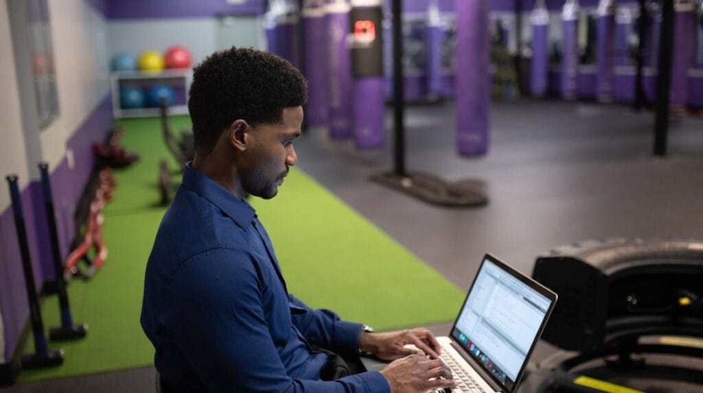 A person sitting inside a gym and looking at his laptop
