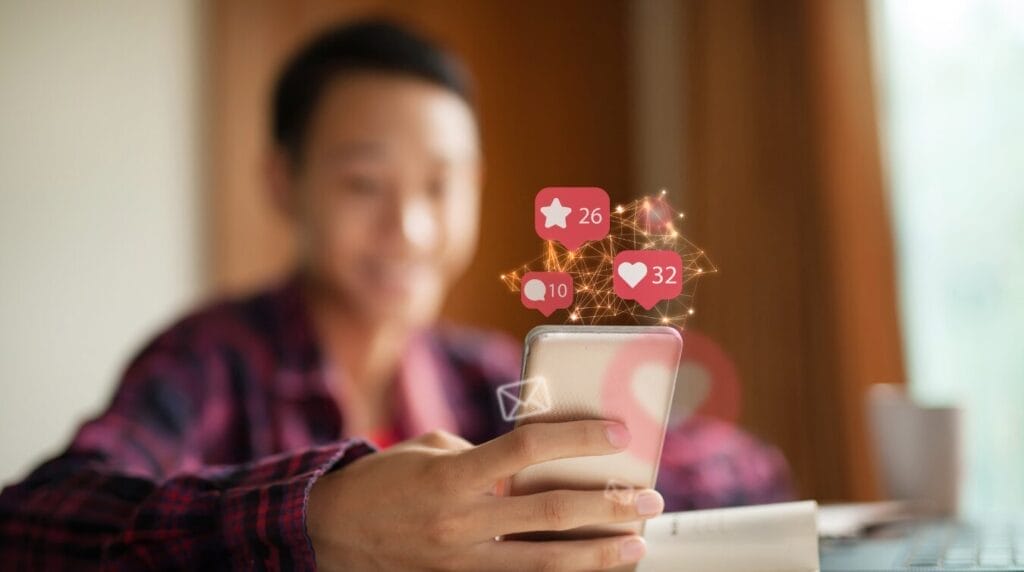 Teenager looking at a mobile phone with likes and comments.