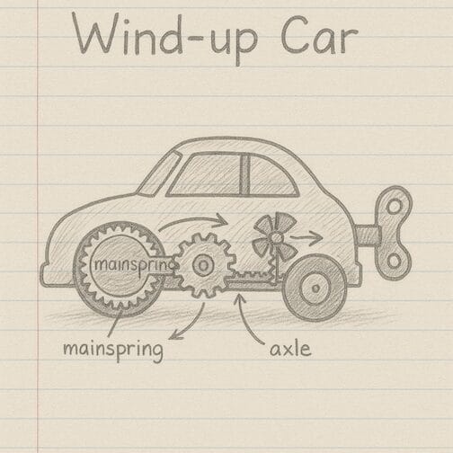 An illustration of a toy car and it’s parts on notebook paper.