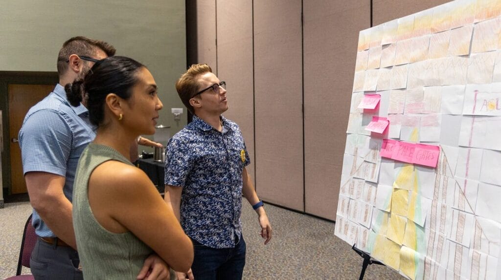 Three coworkers standing and looking at a brainstorming board.