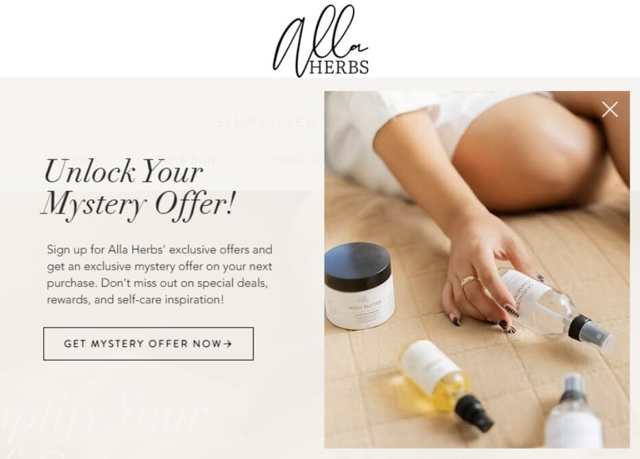 A website popup with a promotional offer and a photo of beauty products.
