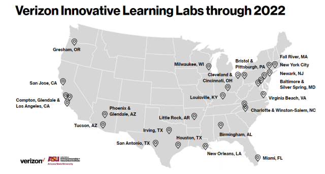 Geographic map noting Verizon Innovative Learning labs through 2022